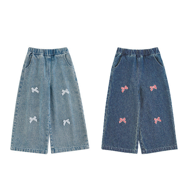 Bow-Embroidered Denim Wide-Leg Jeans For Girls