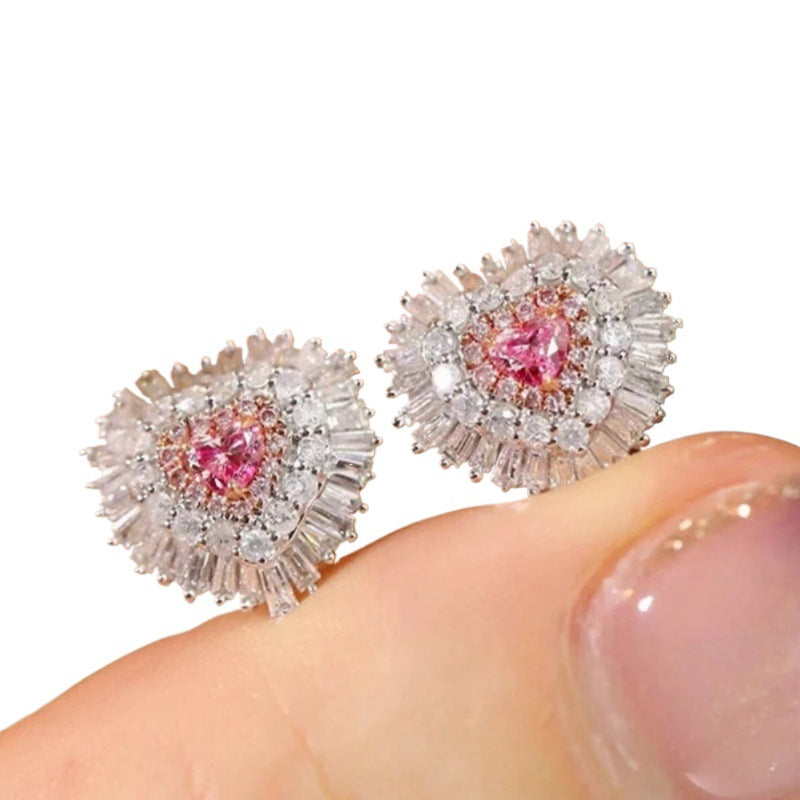 Blush Heart Crystal Stud Earrings Silver Tone Brass Women Elegant Wedding Party Fashion Jewelry Sparkling
