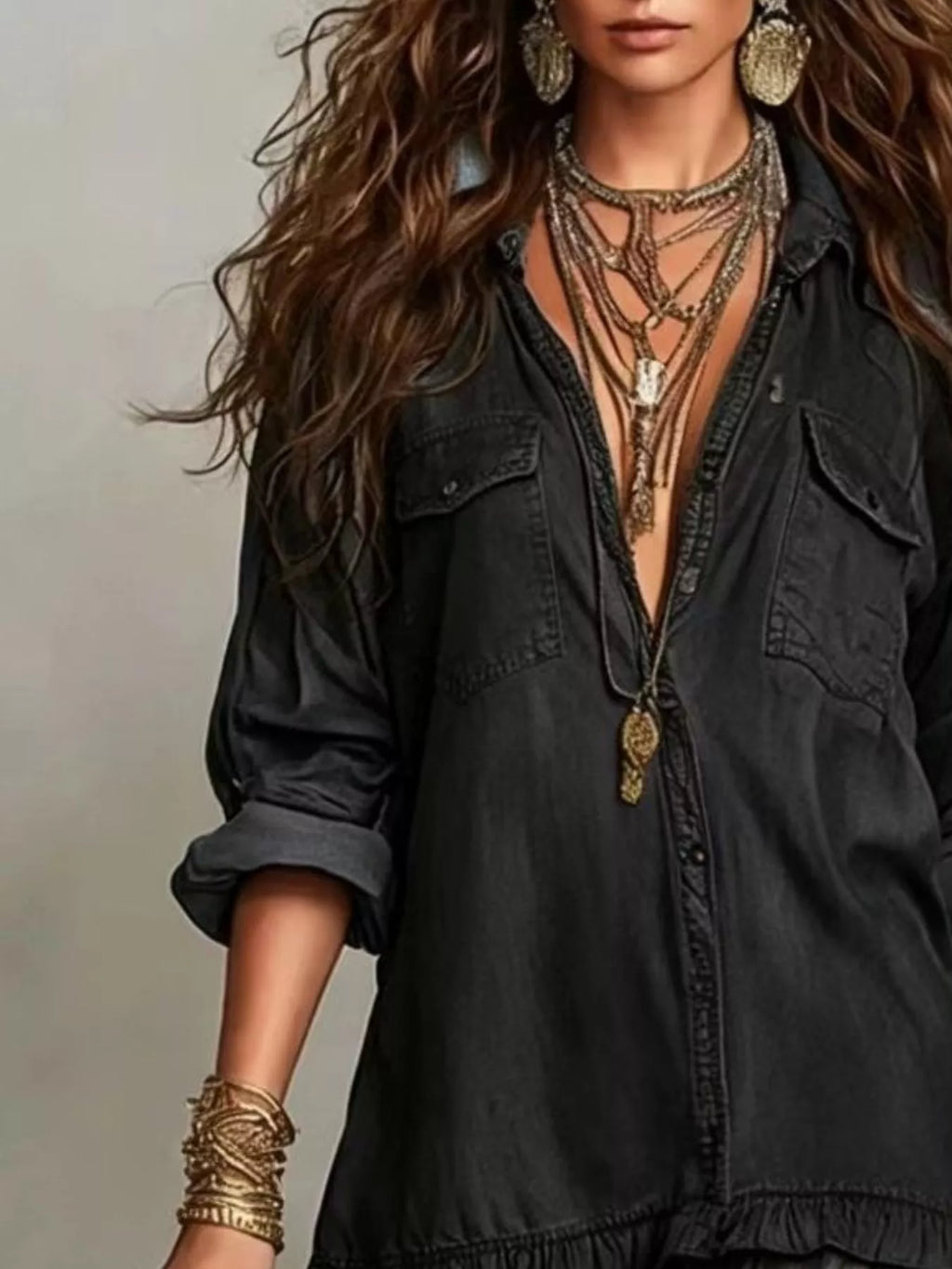 Full Size Tiered Long Sleeve Denim Shirt Maxi Dress Plus Size