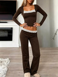 Long Sleeve Lace Trim Crop Top and Wide Leg Pants Set