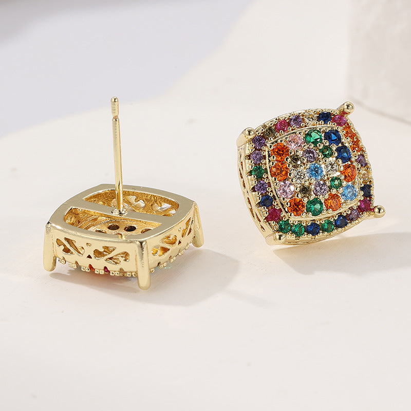 Colorful Square Crystal Stud Earrings Brass Women Turquoise Multicolor Silver Gold Elegant Party Fashion Jewelry
