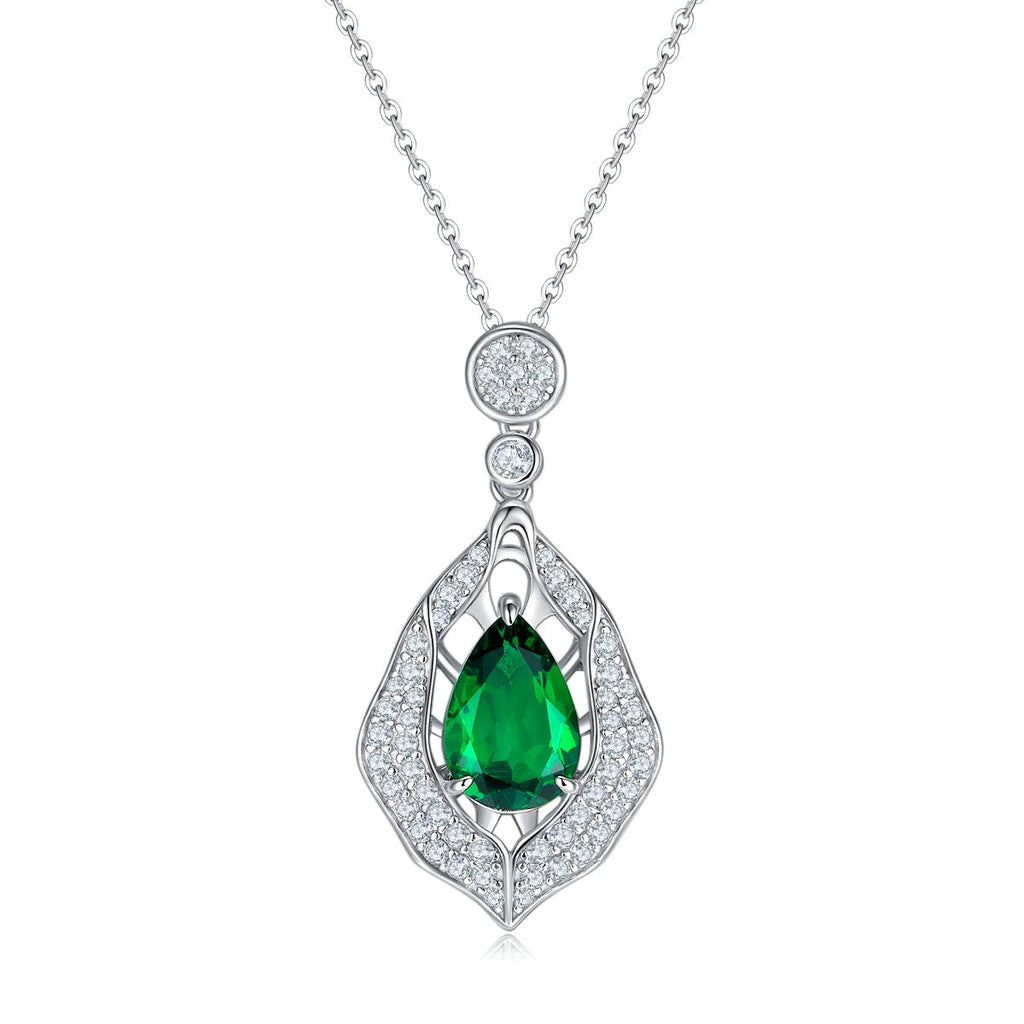 S925 Silver 5.4g Platinum Plated 4ct Lab-Created Emerald Necklace, 12x8mm Teardrop Pendant, 40&5cm