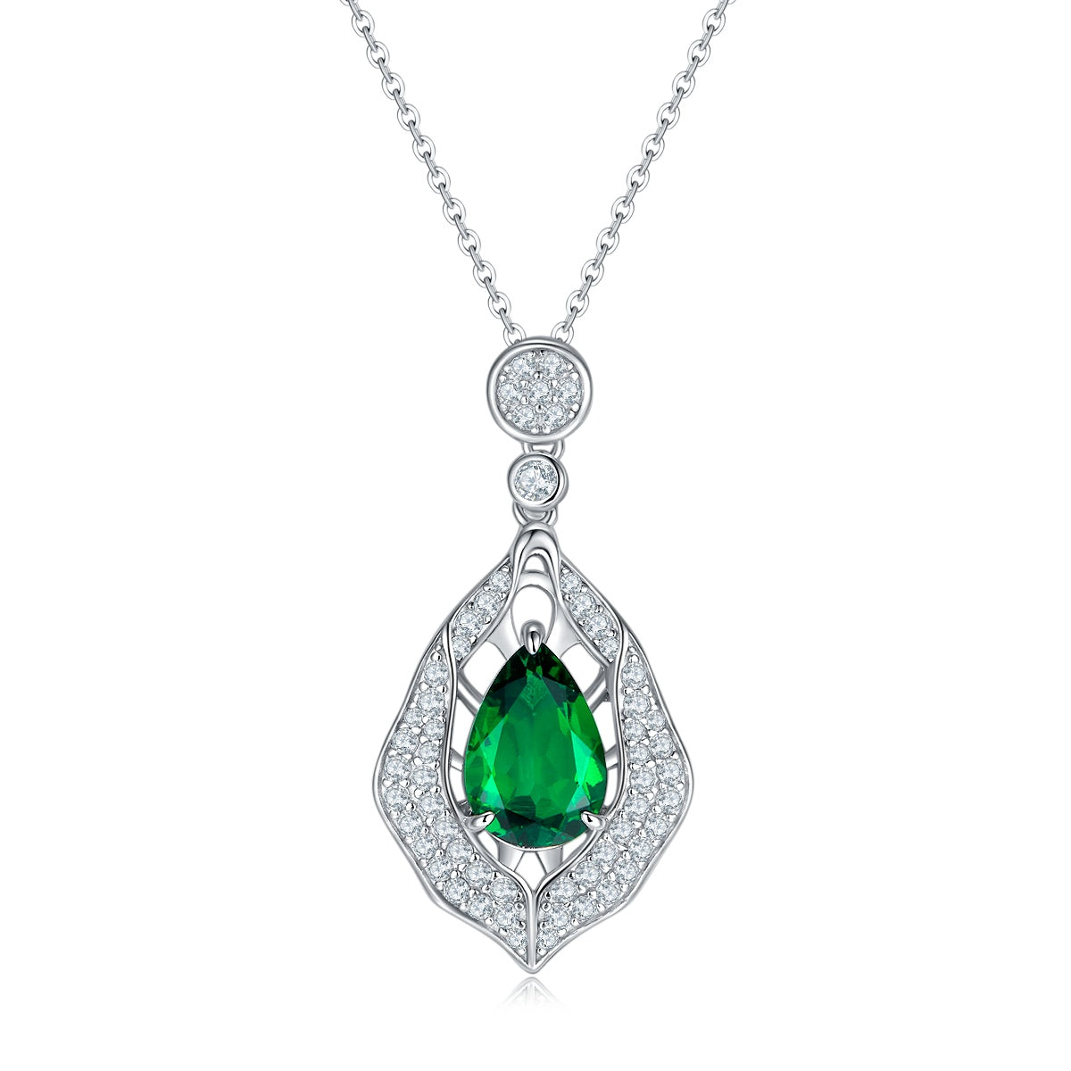 S925 Silver 5.4g Platinum Plated 4ct Lab-Created Emerald Necklace, 12x8mm Teardrop Pendant, 40&5cm