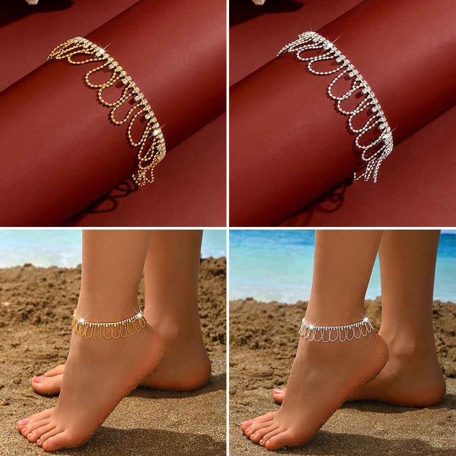 Women U-shaped Tassel Cubic Zirconia Anklet, Gold Plated Adjustable Beach Foot Jewelry