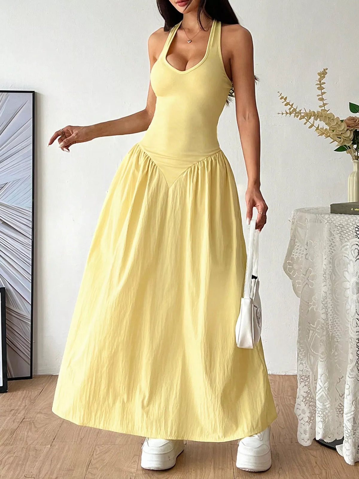 Halter Neck Ruched Maxi Dress – Yellow
