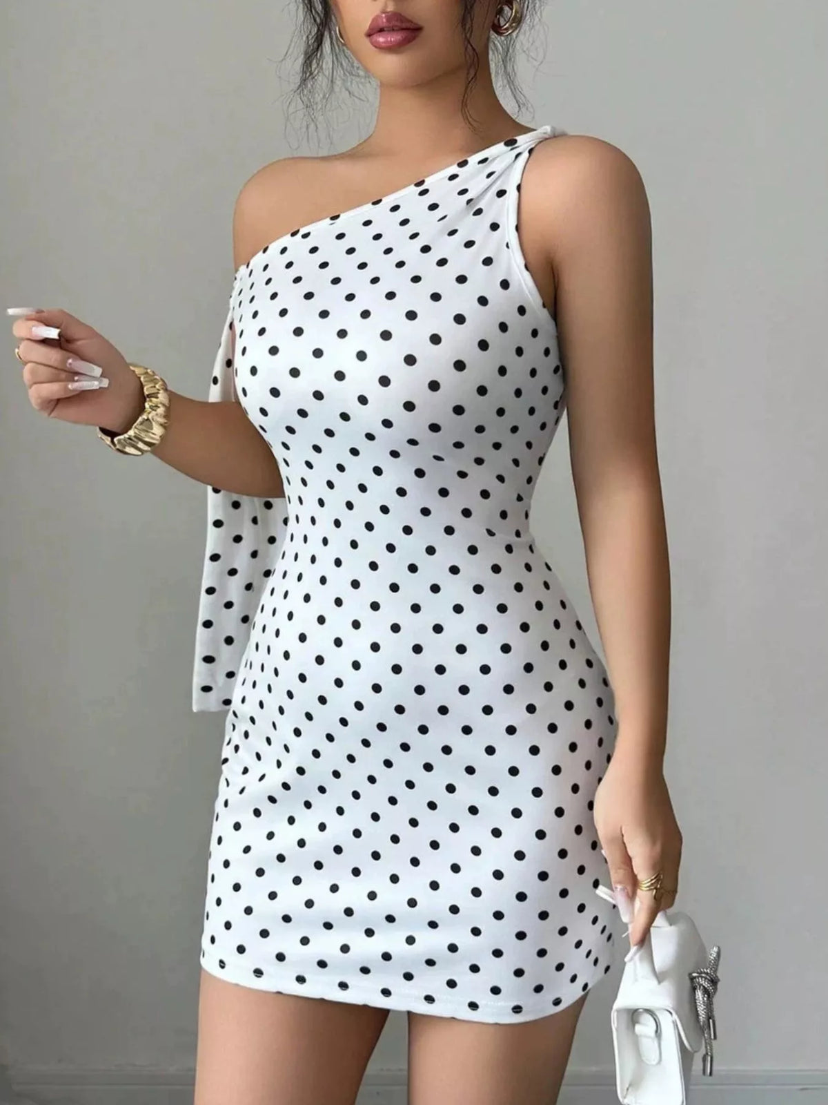 One-Shoulder Polka Dot Bodycon Mini Dress