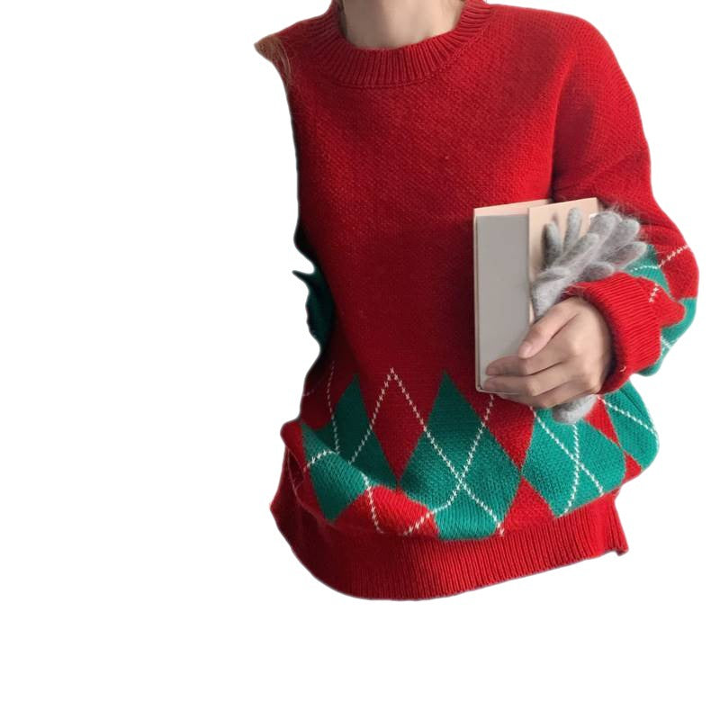 Sweater Christmas Large Size Women's Clothing New Christmas Red Rhombus Thickened Contrast Color Girlfriends Sweater Loose Retro