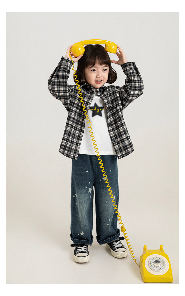 Girls' Wide-leg Multicolor Denim Jeans With Star Print