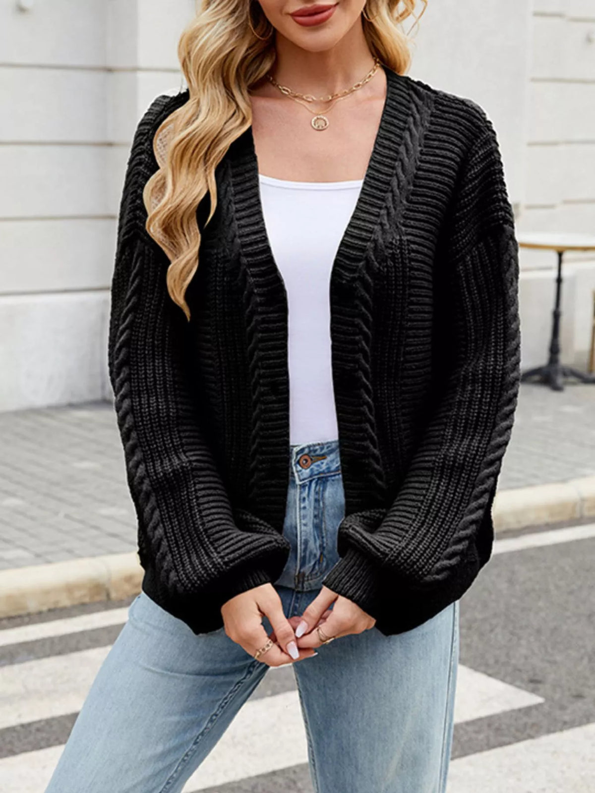 Cable Knit Button-Up Cardigan – Off-White / Black