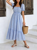 Gingham Smocked Puff Sleeve Midi Dress