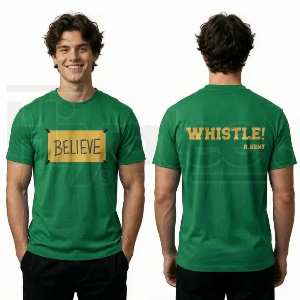 Men's Ted Lasso Believe T-Shirt – Motivational Whistle Backprint Graphic Tee