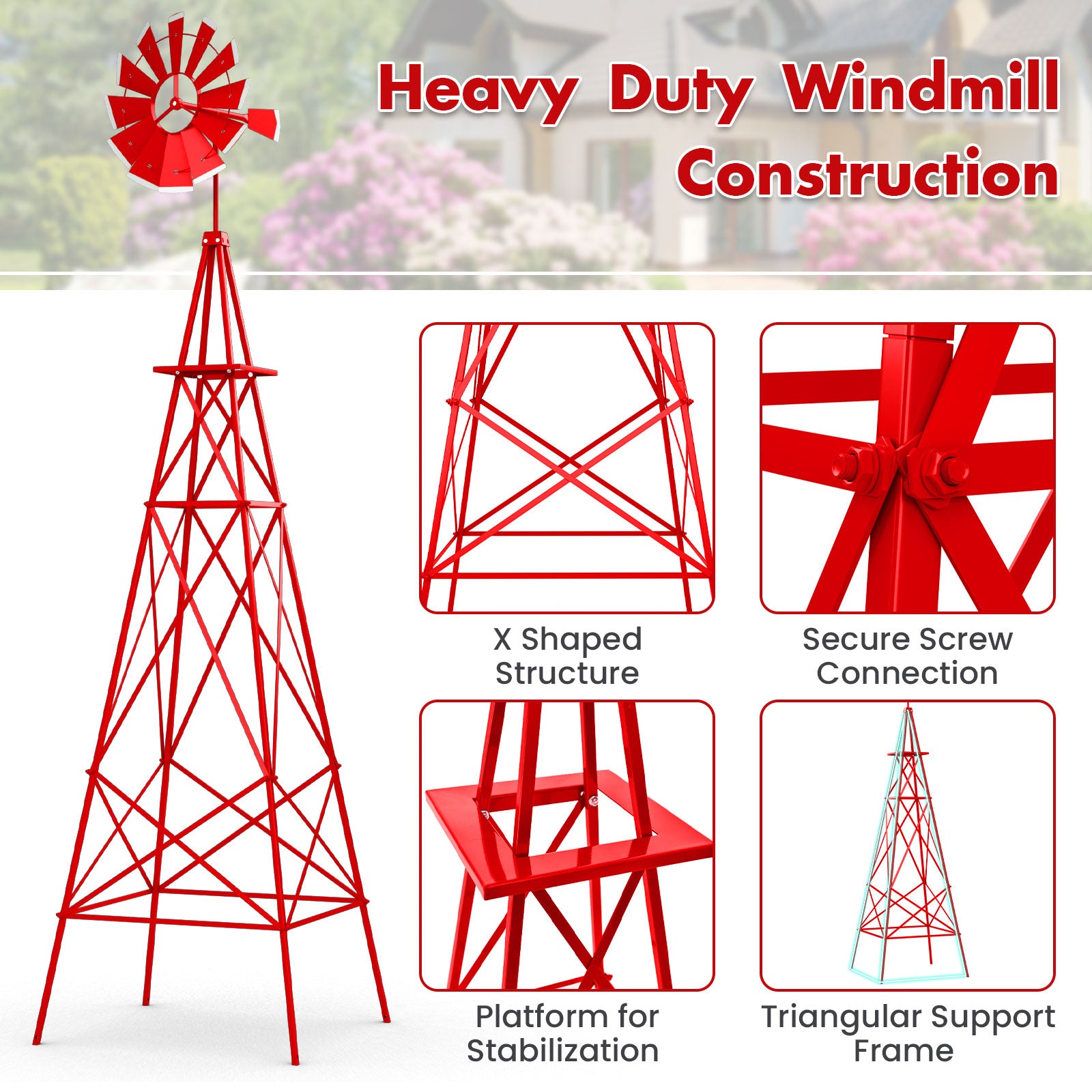 8 Feet Windmill Metal Ornamental Wind Wheel Weather Resistant