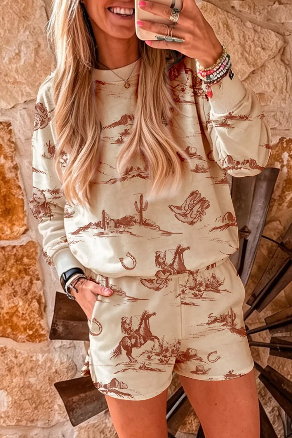Cowboy Print Long Sleeve Sweatshirt and Shorts Set