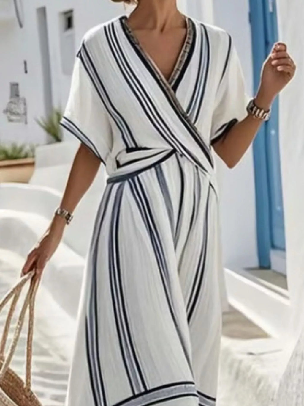 Full Size Striped Short Sleeve Wrap Maxi Dress Plus Size – Tan / White