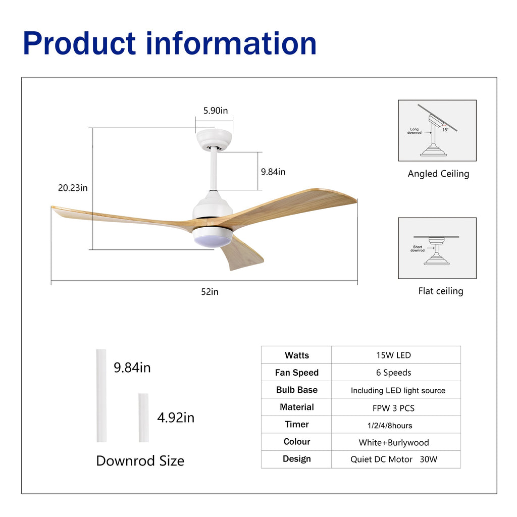 52" Solid Wood Blades Ceiling Fan with Light and Remote Control