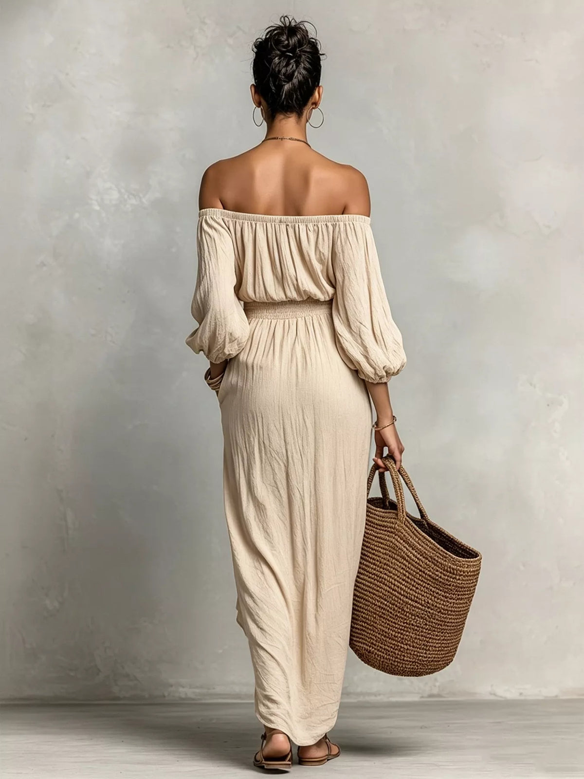 t Off-Shoulder Smocked Waist Maxi Dress