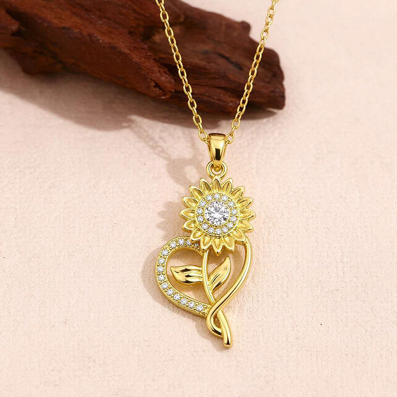 Copper Pendant With Heart-shaped Sunflower And Zircon, Paired With Stainless Steel Chain Necklace