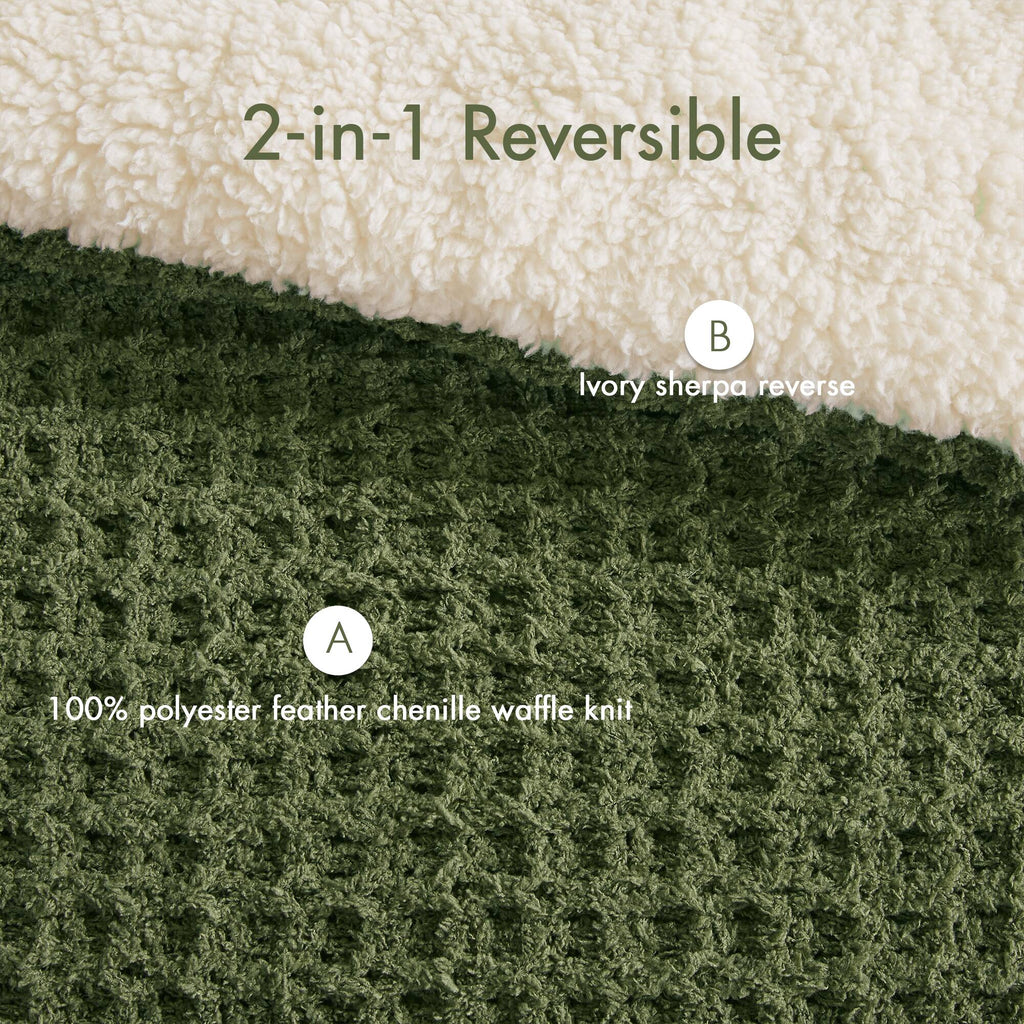 3 Pieces Full/Queen Waffle Knit Chenille Comforter Set - Olive
