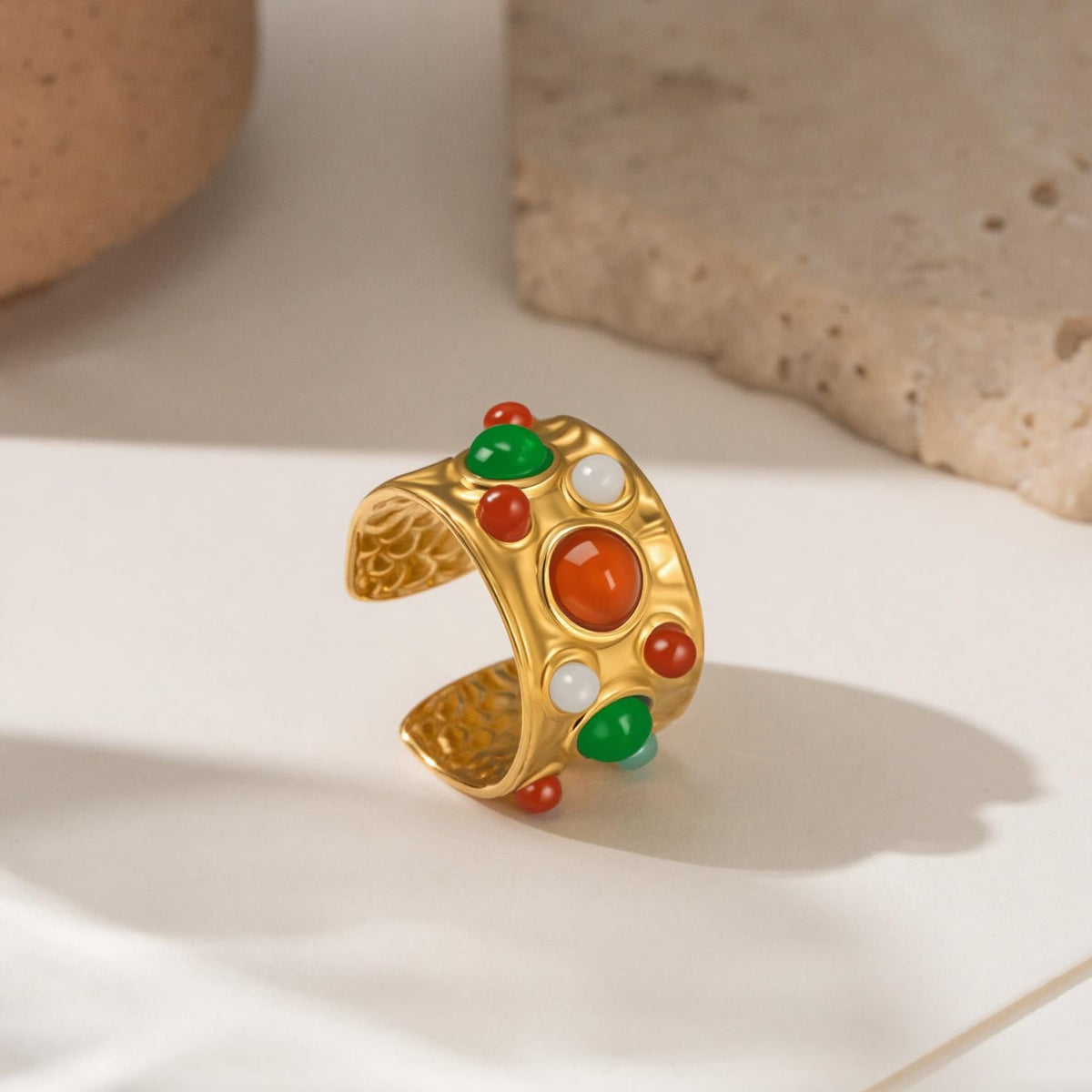 Geometric Adjustable Ring Stainless Steel Multi Gemstone