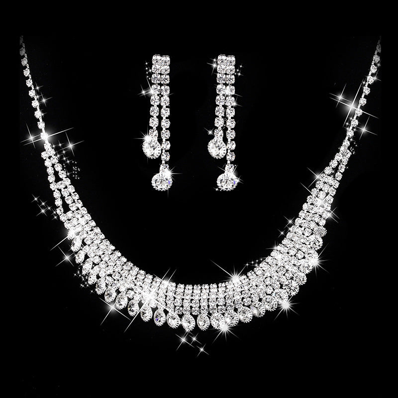 Yiwu Bride Jewelry European And American Fashion Bright Rhinestone Necklace Earrings Wedding Set Factory Direct 497