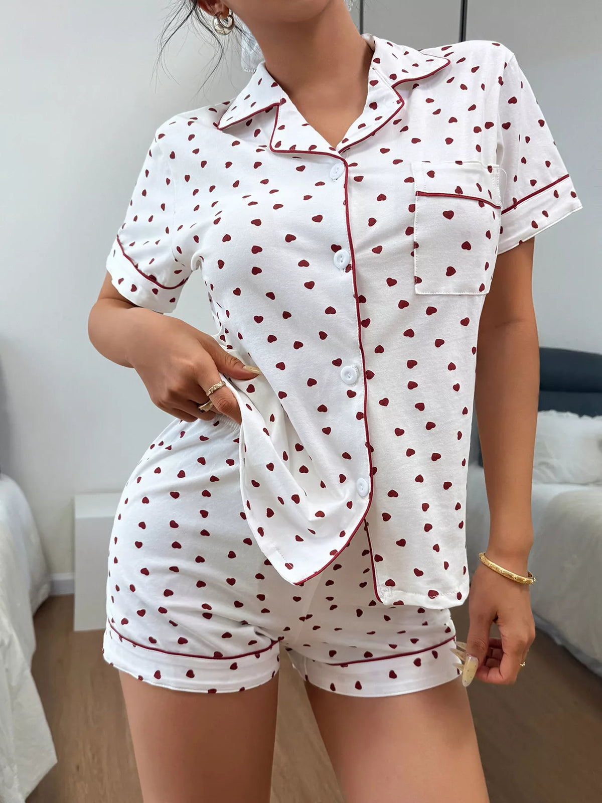 Heart Print Button-Down Short Sleeve Top and Shorts Lounge Set
