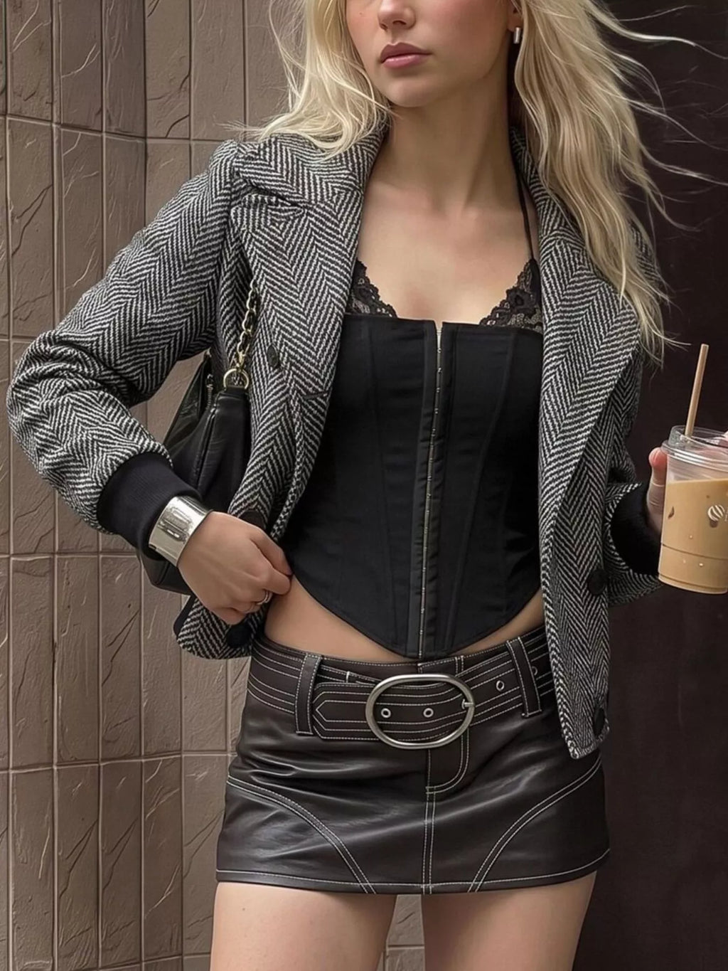 Herringbone Double-Breasted Cropped Outerwear