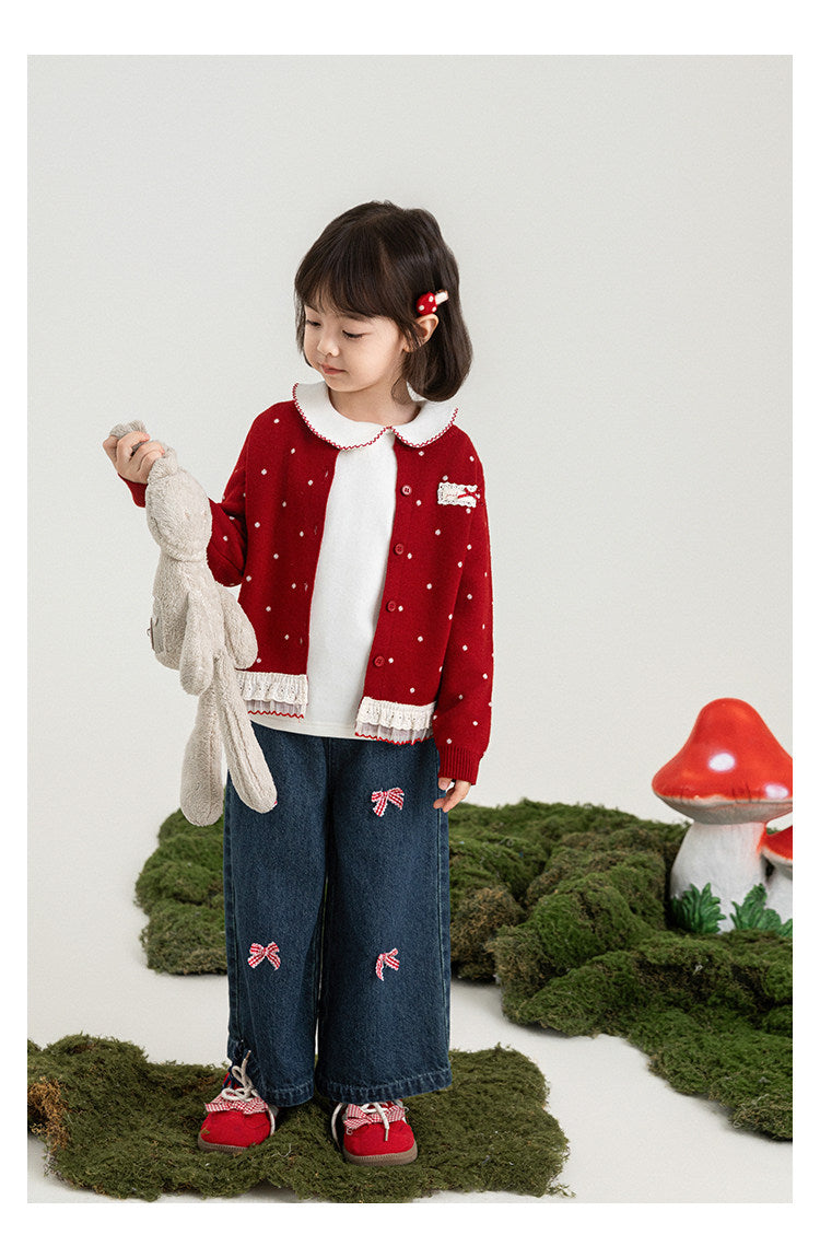 Bow-Embroidered Denim Wide-Leg Jeans For Girls