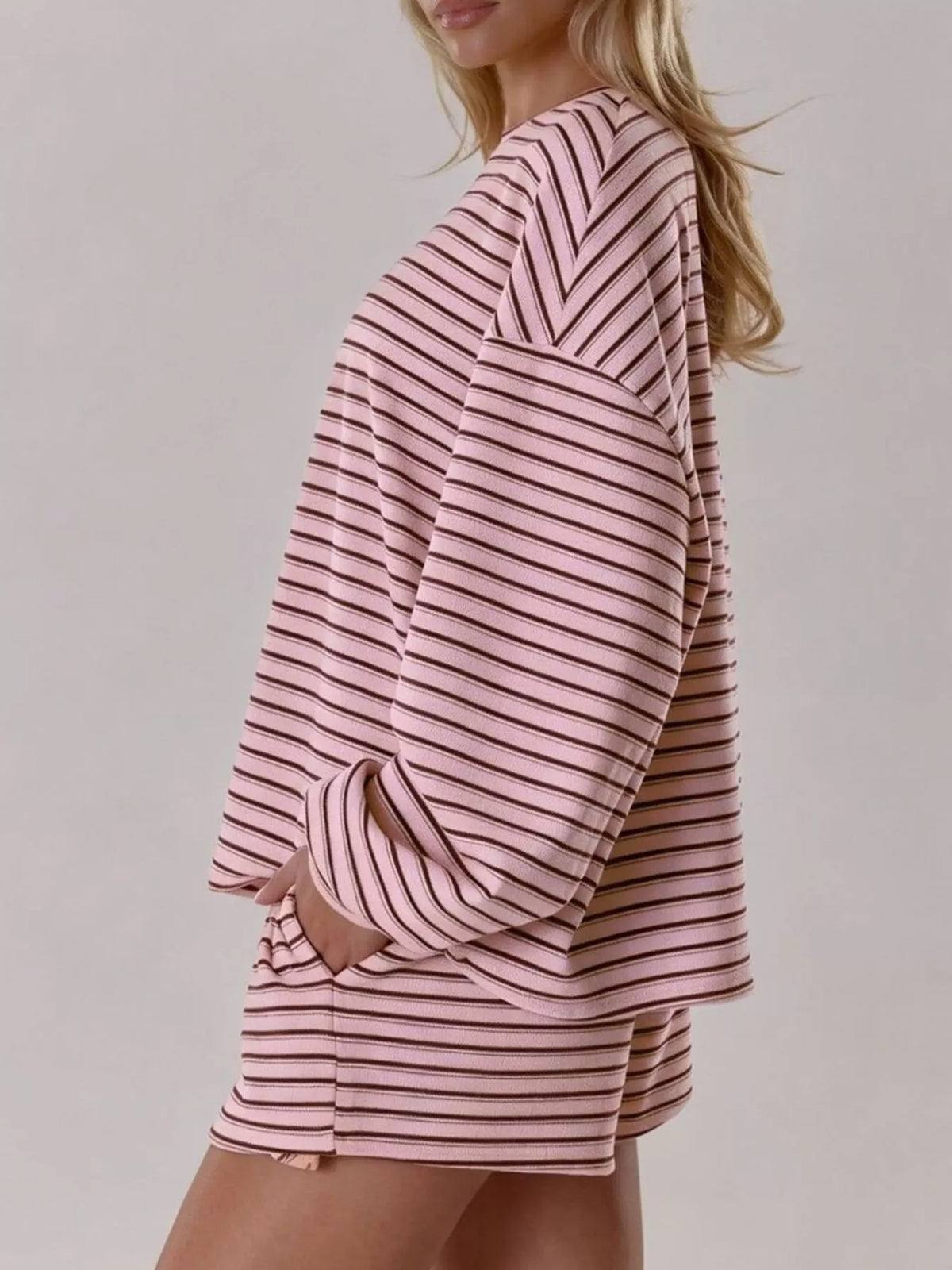 Casual Striped Long-Sleeve Top and Shorts Set