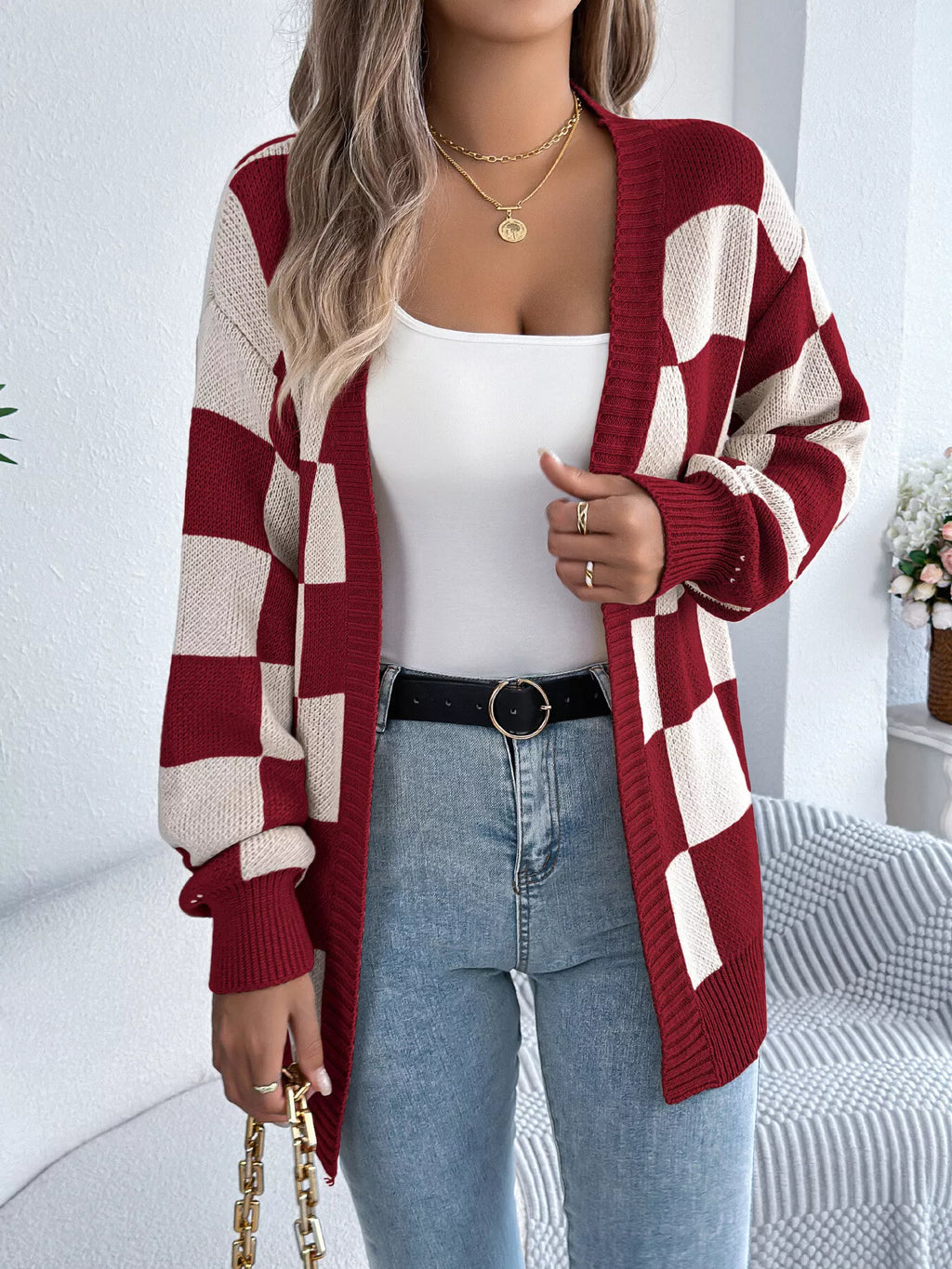Checkerboard Pattern Open Front Knit Cardigan