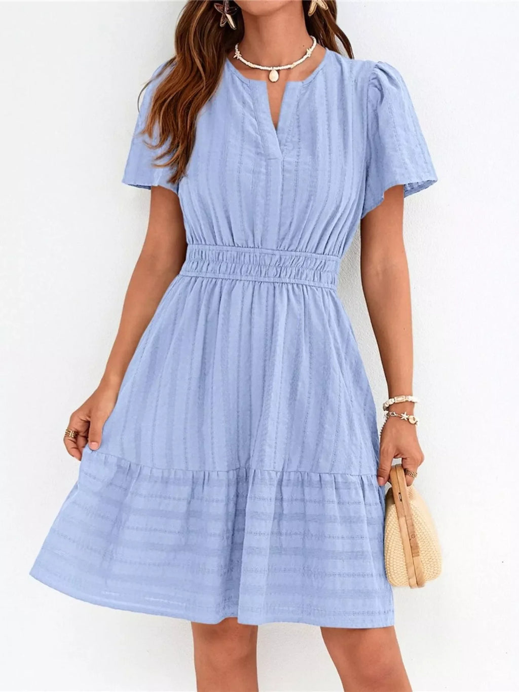 Short Sleeve Smocked Waist Tiered Dress