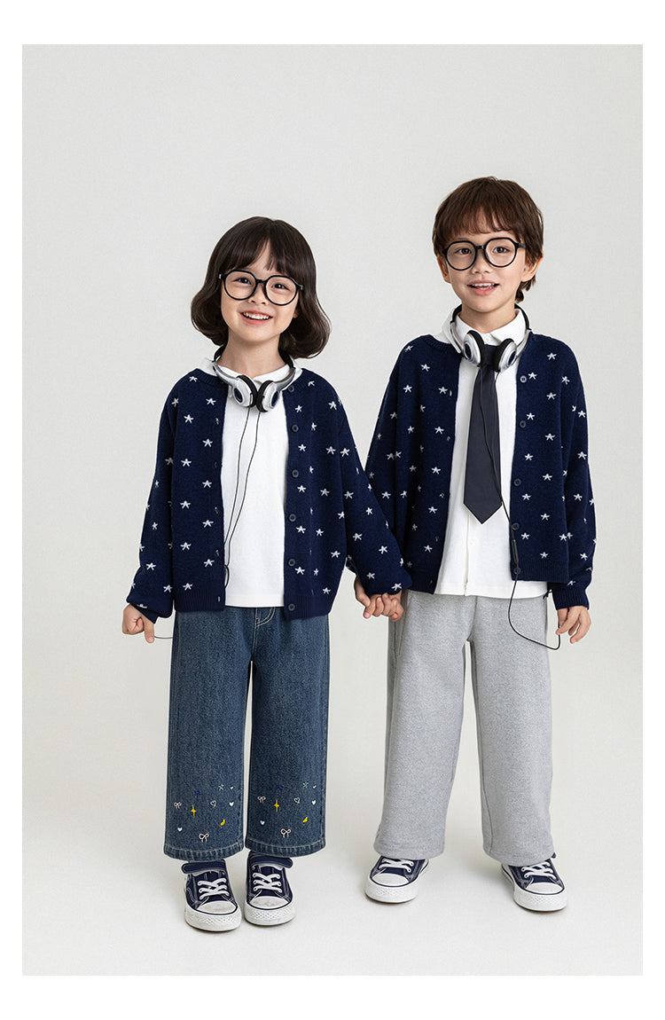 Embroidered Elastic-Waist Kids Wide-Leg Denim Trousers