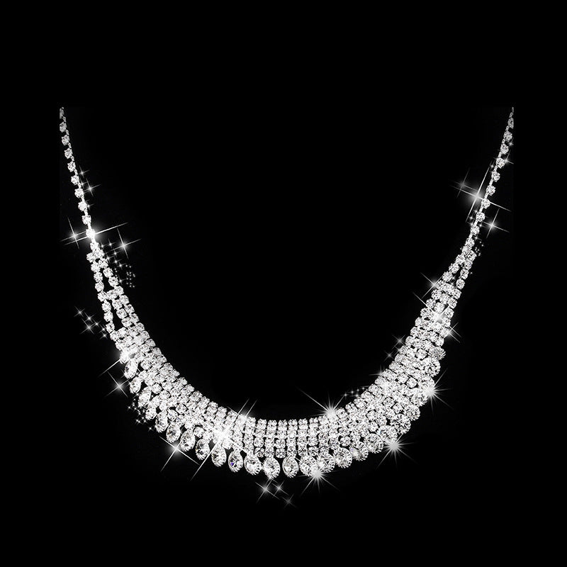 Yiwu Bride Jewelry European And American Fashion Bright Rhinestone Necklace Earrings Wedding Set Factory Direct 497
