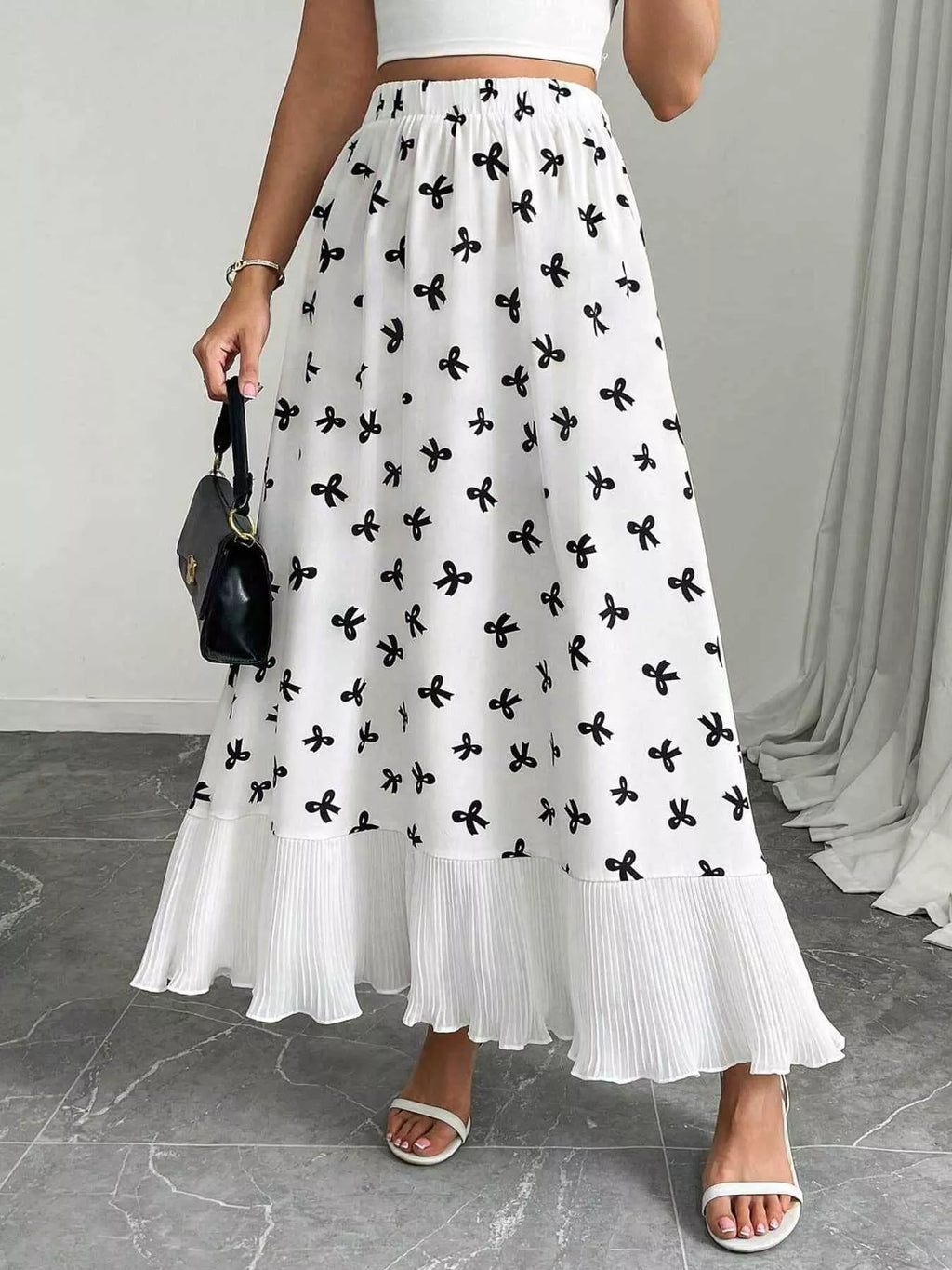 Bow Print Ruffle Hem Flowy Maxi Skirt