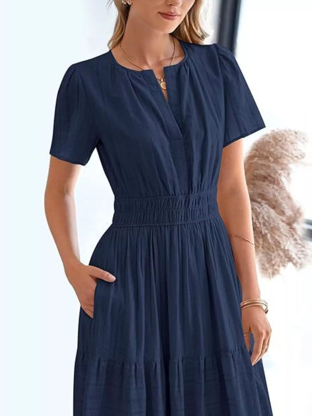 Full Size Short Sleeve Tiered Midi Dress Plus Size