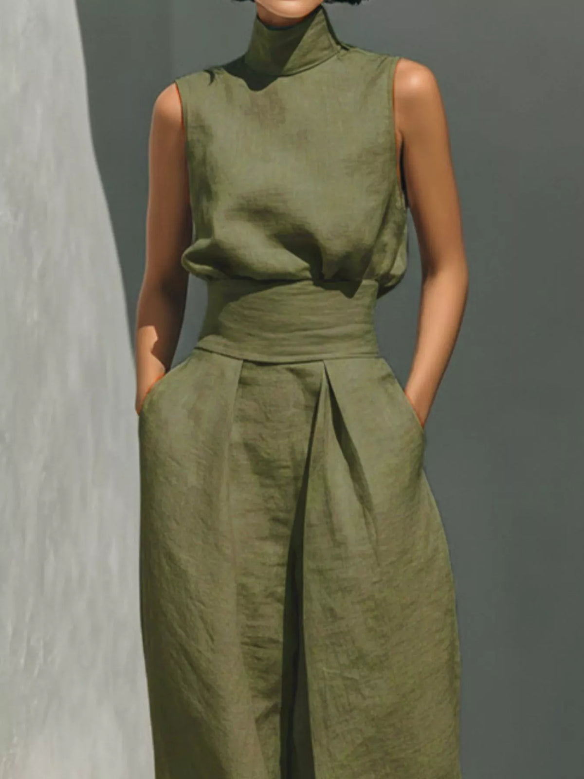 Full Size Turtleneck Sleeveless Top and Wide Leg Pants Set Plus Size