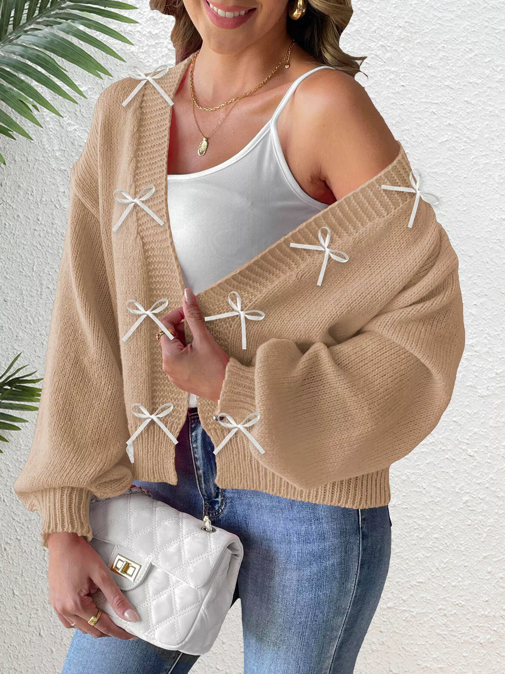Bow-Tie Open Front Knit Cardigan