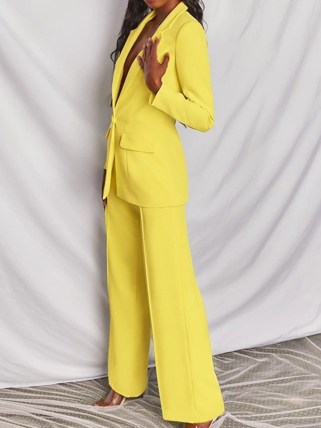 Full Size One Button Blazer and Wide-Leg Pants Set Plus Size – Pink / Yellow
