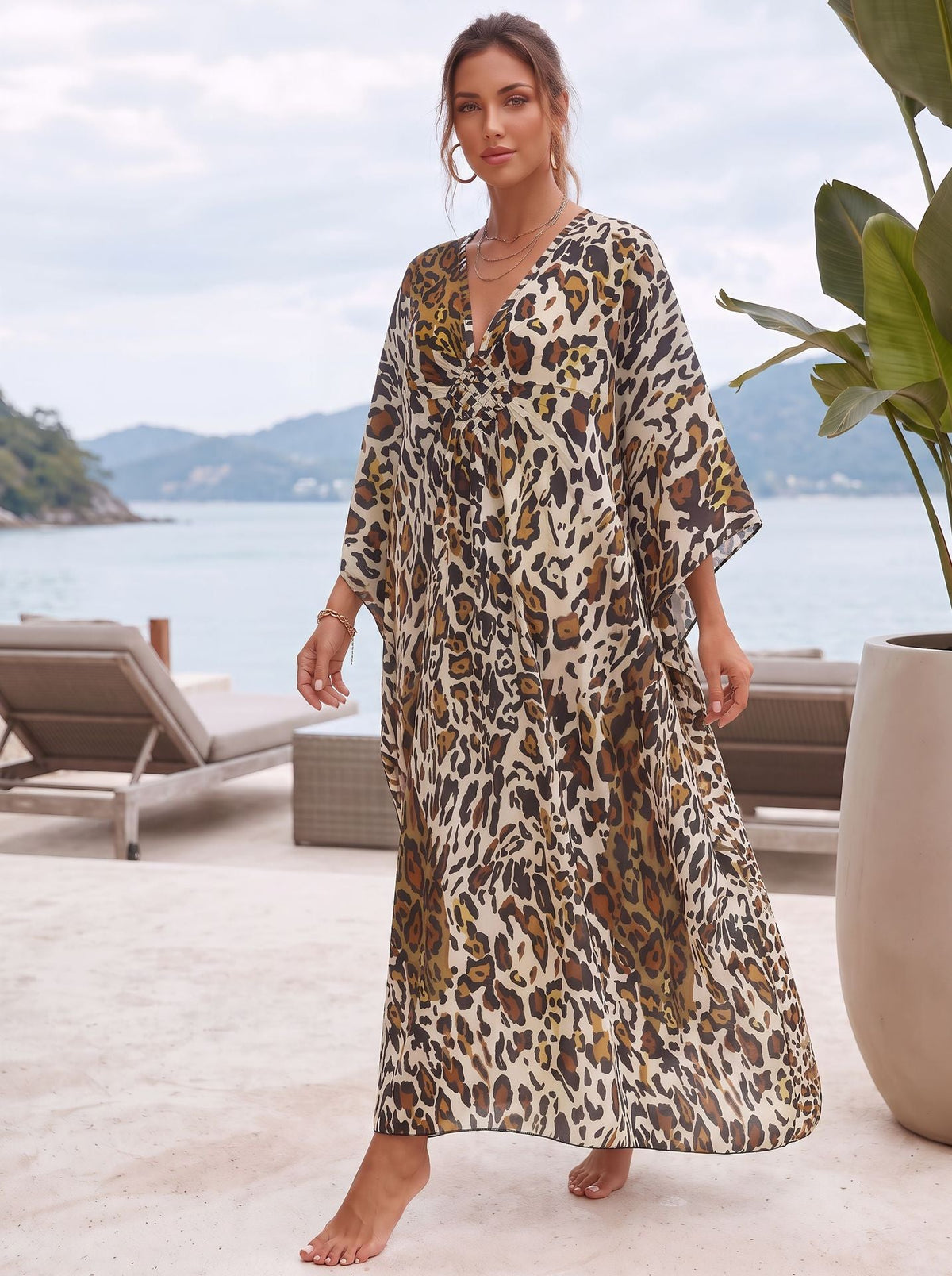 Leopard Print Front-woven Rayon Beach Cover-up For Women, Suitable For Seaside Vacations, Foreign Trade