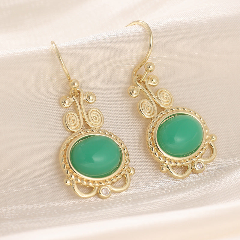 Vintage Oval Stone Drop Earrings Gold Tone Brass Women Red Green Boho Party Fashion Jewelry