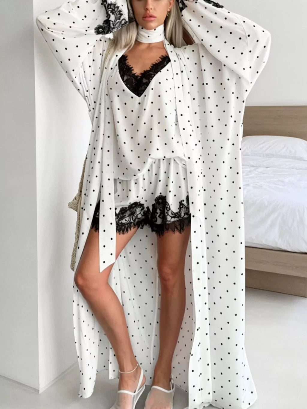 Polka Dot Lace Trim Cami & Cardigan and Shorts Set