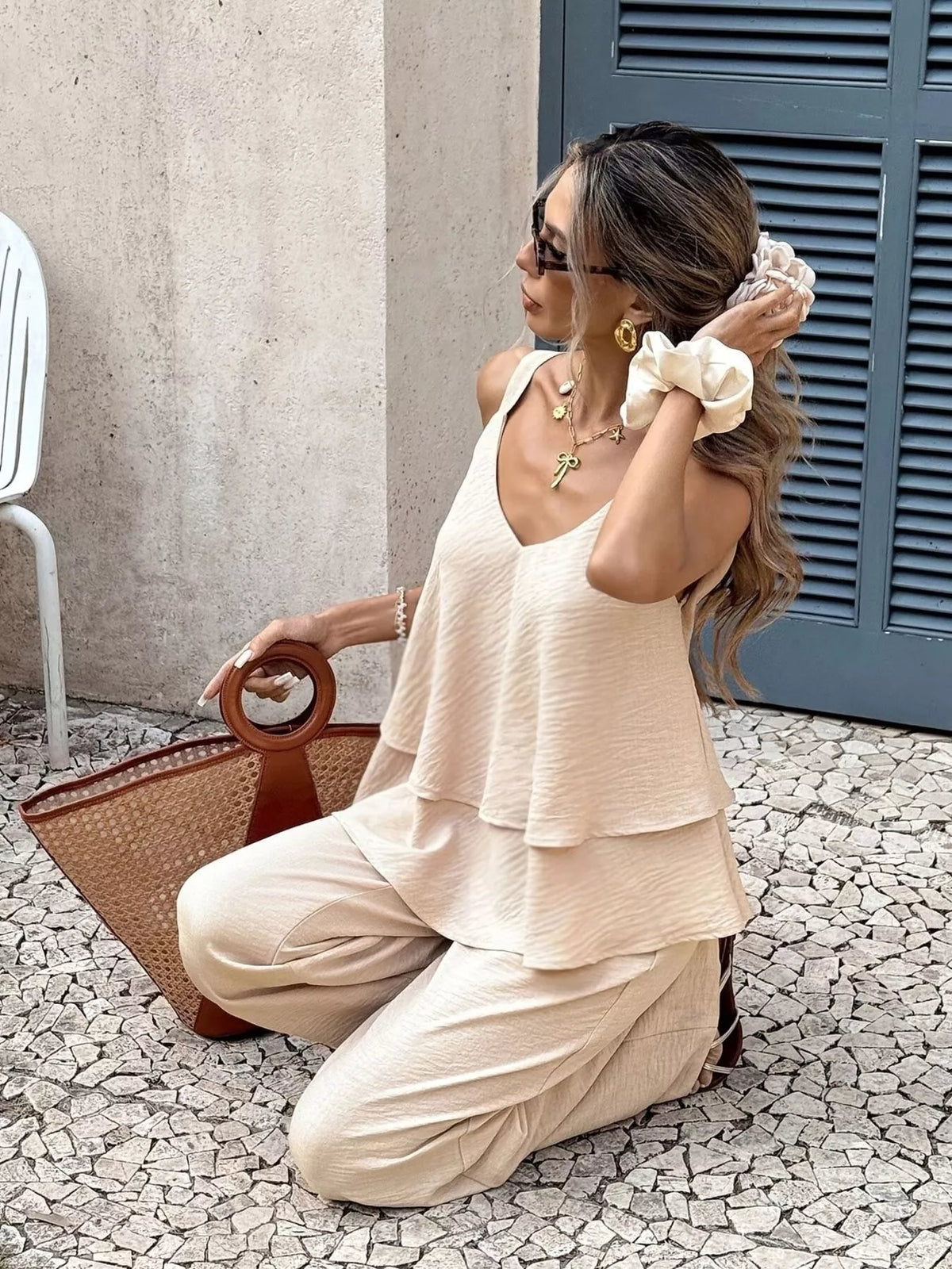 V-Neck Top and Wide-Leg Pants Set – Apricot / Navy Blue