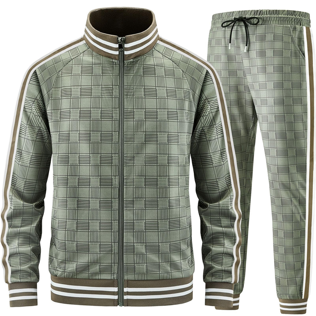 Men Tracksuits Full-zip Long Sleeve Plaid Track Jackets and Pants 2 Piece