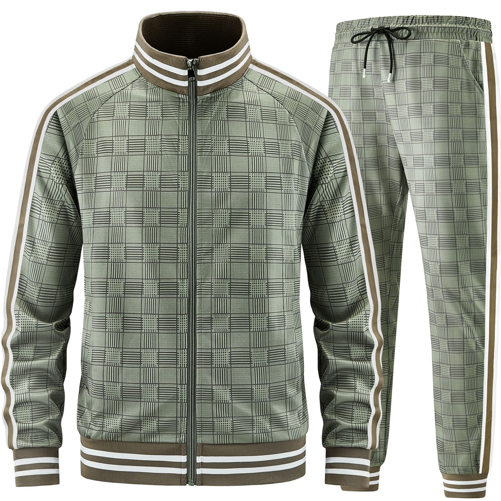 Men Tracksuits Full-zip Long Sleeve Plaid Track Jackets and Pants 2 Piece