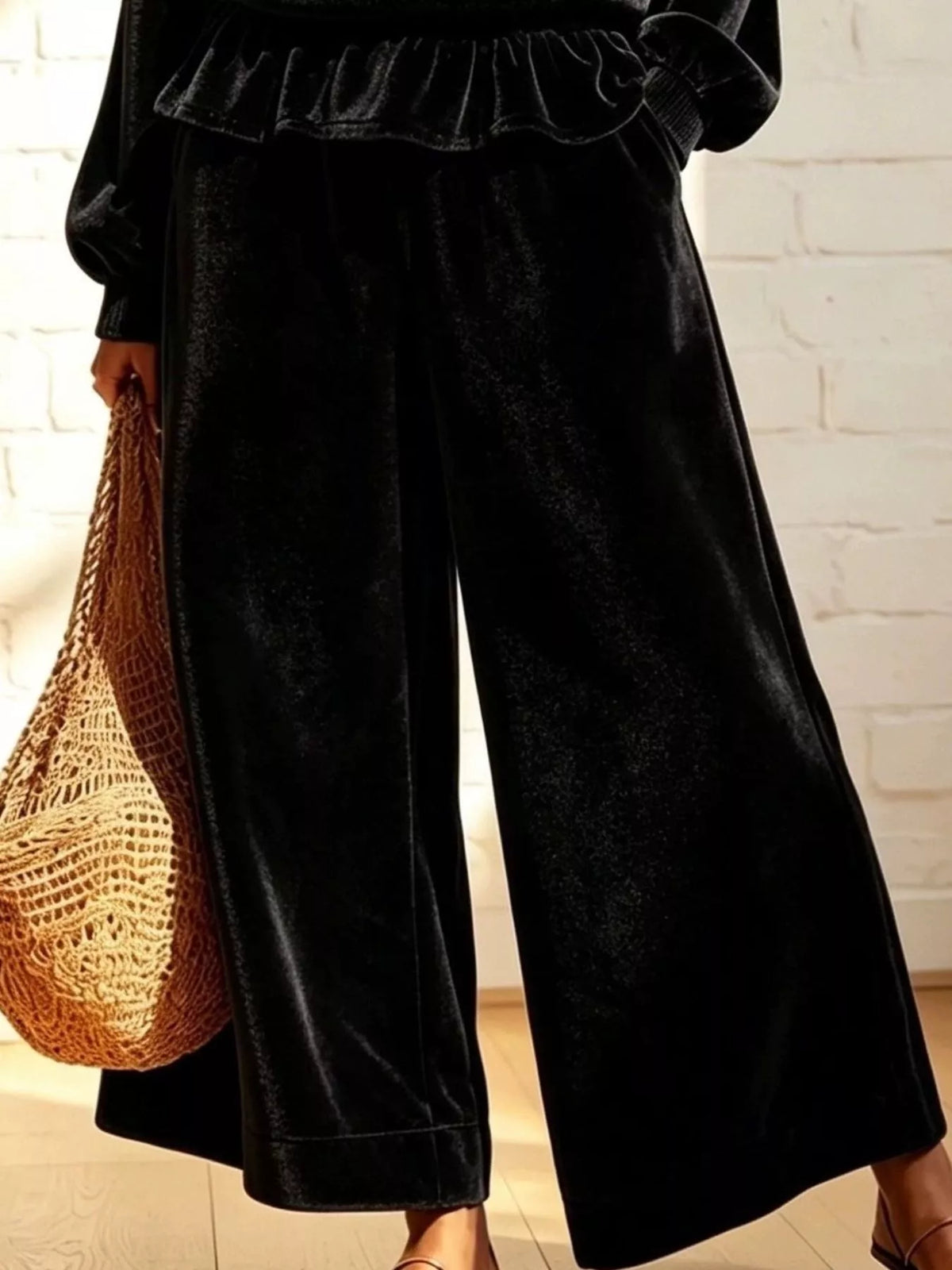 Velvet Peplum Top and Wide-Leg Pants Set