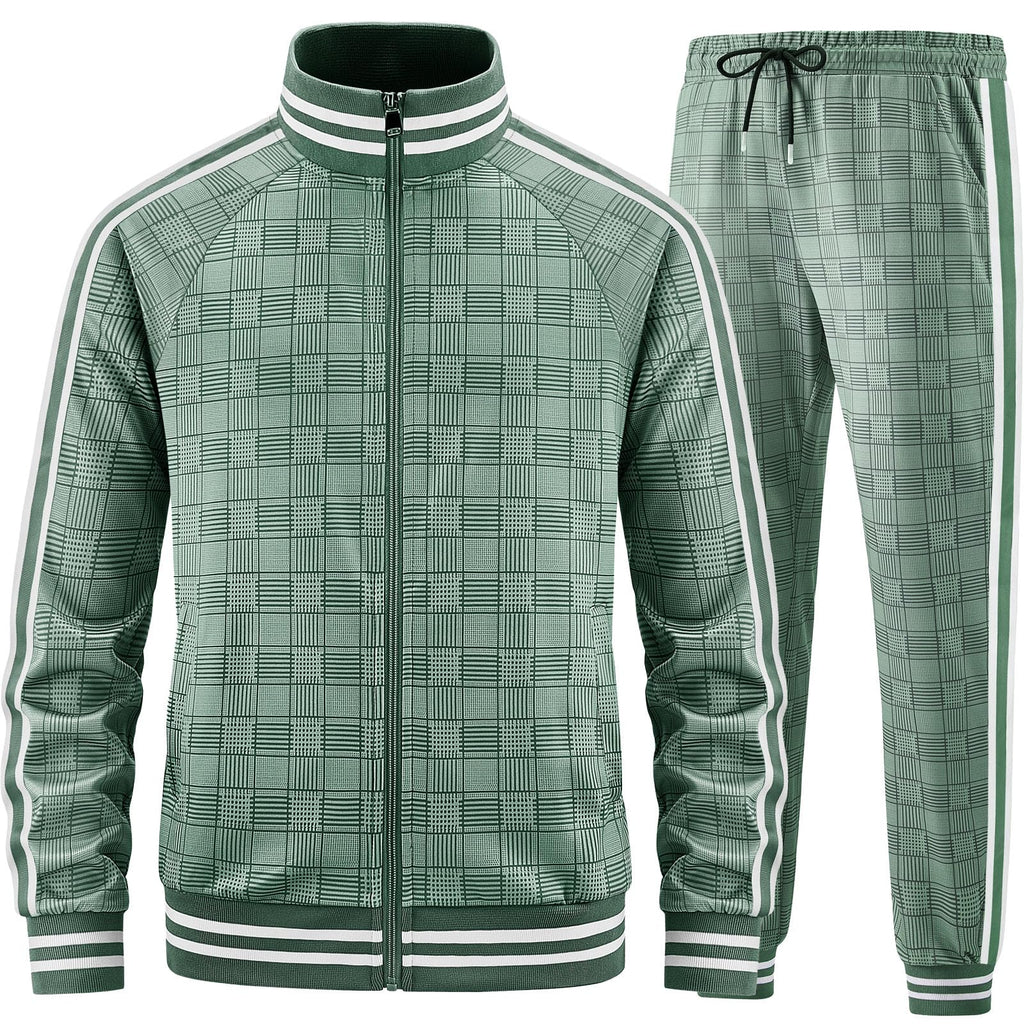 Men Tracksuits Full-zip Long Sleeve Plaid Track Jackets and Pants 2 Piece