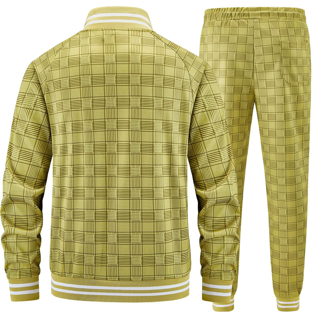 Men Tracksuits Full-zip Long Sleeve Plaid Track Jackets and Pants 2 Piece
