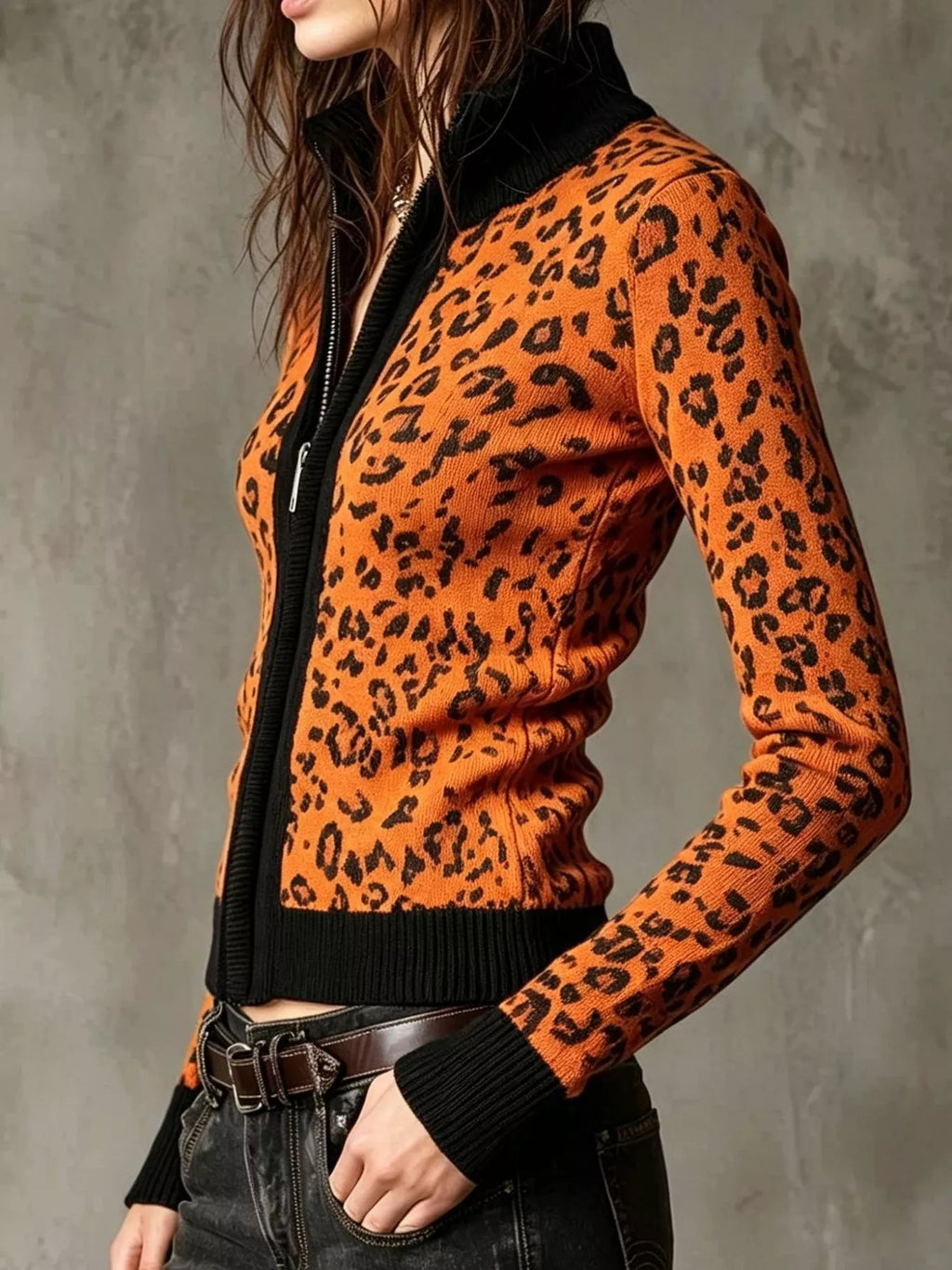 Leopard Zip-Up Knit Cardigan