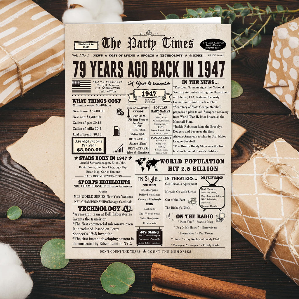Ziwenhu 79th Birthday Card with Envelope, Vintage 1947 Newspaper Design