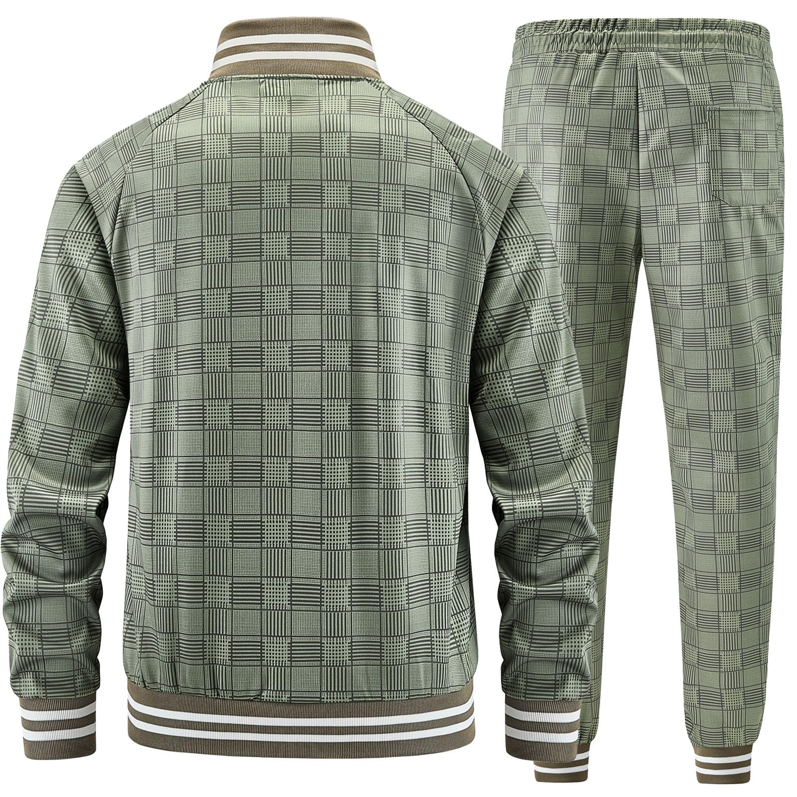 Men Tracksuits Full-zip Long Sleeve Plaid Track Jackets and Pants 2 Piece