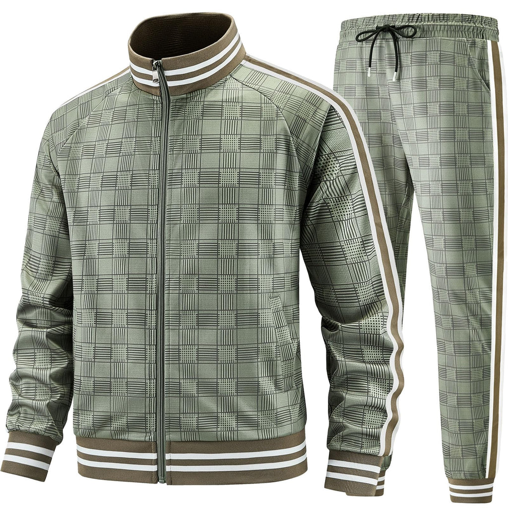 Men Tracksuits Full-zip Long Sleeve Plaid Track Jackets and Pants 2 Piece